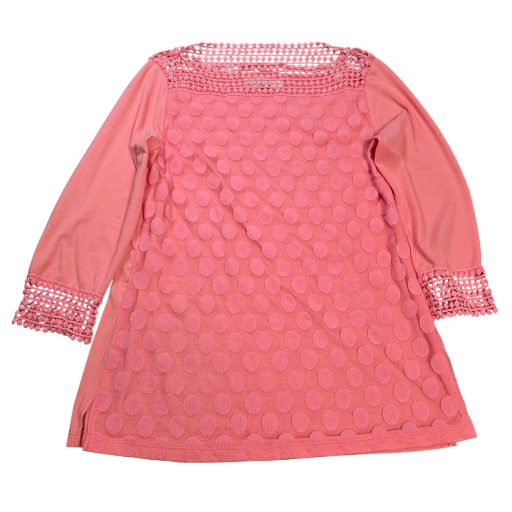 Kim Rogers Petite 3/4 Sleeve Blouse Women's Size PS Coral Pink Polka Dot Crochet